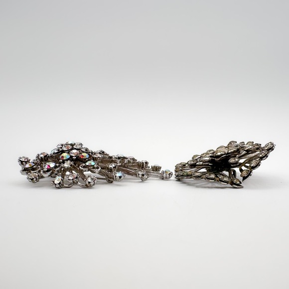 Vintage Atomic Starburst Brooch Pair Clr Rhinestone vs Aurora Borealis '50s '60s - Picture 10 of 12